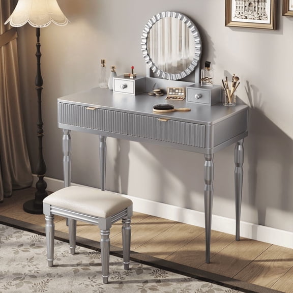 Luxury Vanity Desk with Round Mirror, Height-Adjustable Dressing Table Set, Silver, Engineered Wood, 39.40 x 17.70 x 29.90 inches