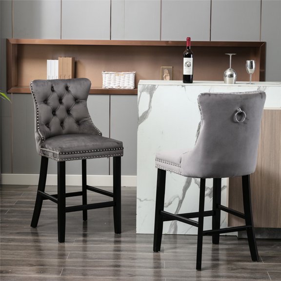 Luxury Velvet Bar Chairs With , Wooden Legs, High Rebound Sponge Cushion, Adjustable Height, Of 2, Gray Contemporary Button , Nailhead Trim - 2 (gray