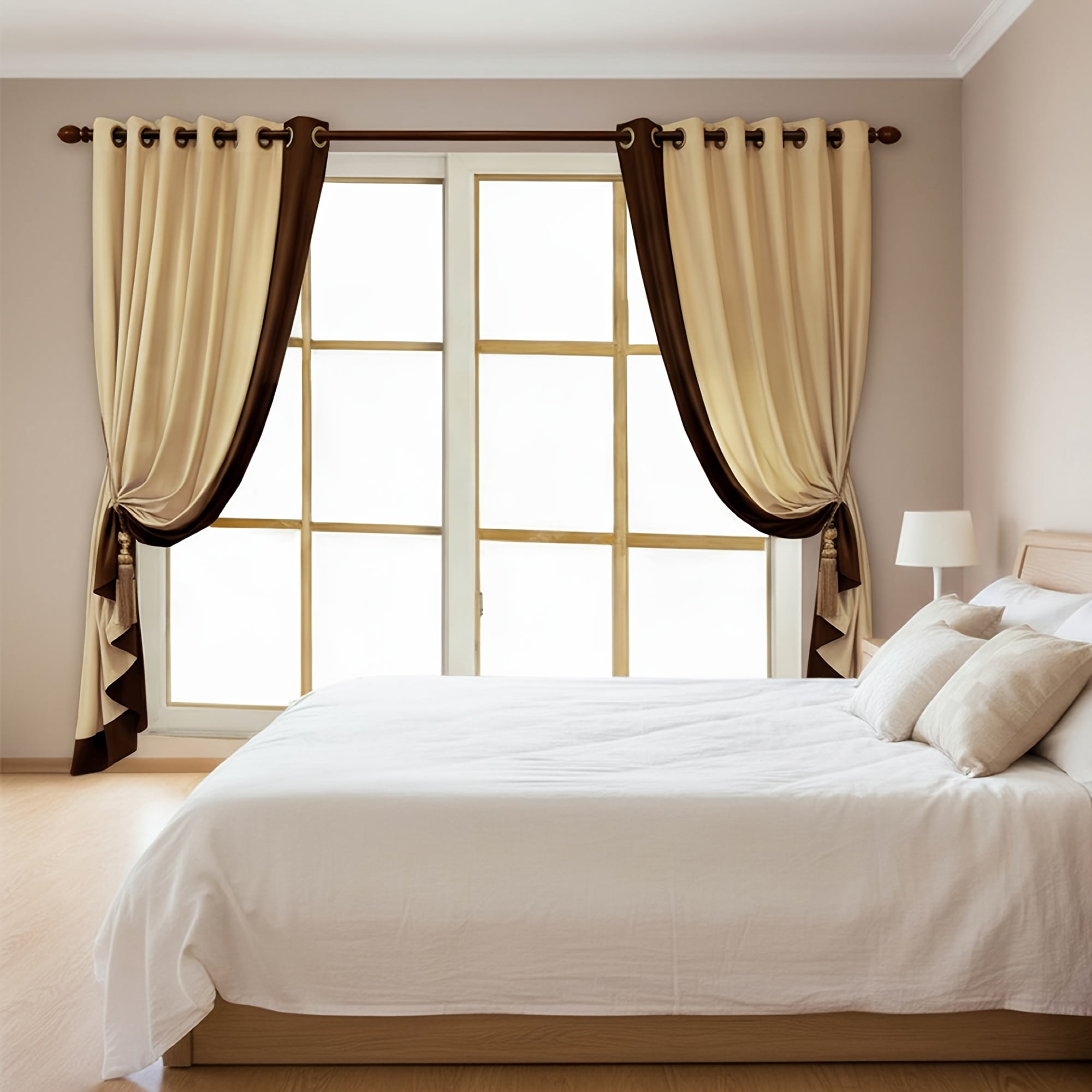 (Set of 2 Panels) Elegant Creamy Beige & Coffee Luxury Velvet Curtains, Modern Mansion Style Grommet Top Heavyweight Drapes