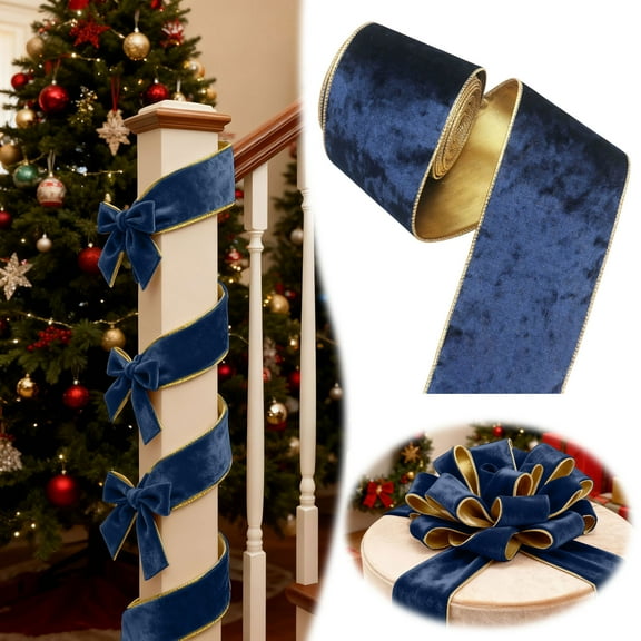 Luxury Velvet Christmas Ribbon with Gold Backing, 10 Yards x 3.9" Wide Wired Edge Ribbon for Gift Wrapping, Holiday Tree Garland and Bow Making(Blue)