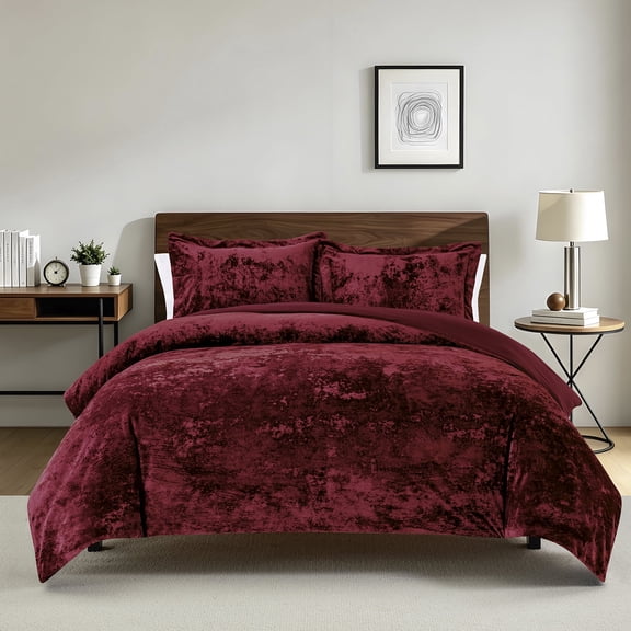 Luxury Velvet Comforter Set, 3 Pieces Queen Size with 2 Pillow Shams, Distressed Velvet Front and Brushed Solid Microfiber Back, All Season Cozy, Soft, Warm, Lightweight,Dark Red