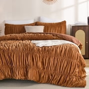 Luxury Velvet Comforter Set Queen Size,Boho Shabby Chic Ruched Bedding Comforter,Aesthetic Vintage Bedding Fluffy Ruffle Comforter Set,Ultra Soft Velvet Chenille Quilt Set,Vintage Ruffled Velvet Plus