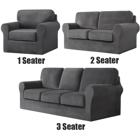 Luxury Velvet Couch Cover 7 Piece Stretch Sofa Covers for 3 Cushion Couch Thick Soft Spandex Sofa Slipcover Living Room Anti Slip Dogs Pet Furnitre Protector, Dark Gray, 3-Seater Sofa Cover