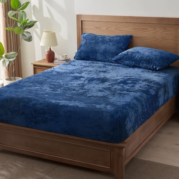Luxury Velvet Fitted Sheet Set Queen Navy Blue with Deep Pockets and Pillowcases