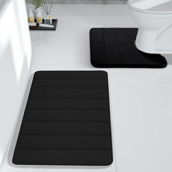 Luxury Velvet Fleece Bath Rug Set (2-Pack, 16x24in & 16x20in) - Ultra-Soft Memory Foam Bathmat with Non-Slip Rubber Backing, Machine Washable, Multi-Color for Bathroom/Toilet/Kitchen