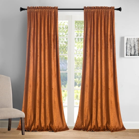 Luxury Velvet Gold Foil Print Orange Curtains 90 Inches Long, Rod Pocket Thermal Insulated Blackout Window Drapes, 2 Panels, 52"W x 90"L