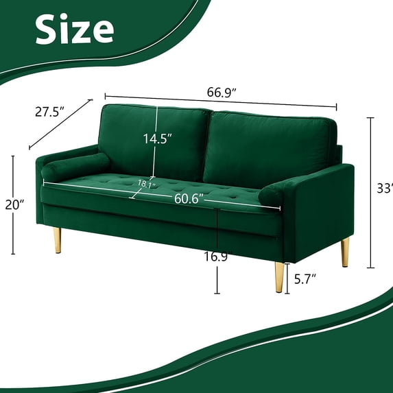 Luxury Velvet Loveseat Sofa with 2 Pillows & Golden Legs, Perfect for Small Spaces (Green)