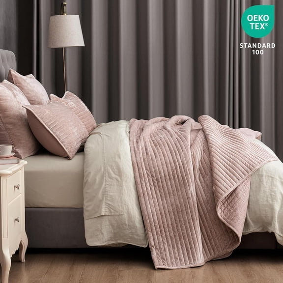 Luxury Velvet Quilt Set King Size – 3PCS Ultra Soft with Striped Channel, Cozy Quilted Bedspread, Quilted Comforter Alternative, 1 Coverlet with 2 Matching Shams, 108" x 92", Rose Pink