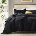 thumbnail image 1 of Luxury Velvet Quilt Set Oversized California King Size 120''x120'', Ultra-Soft Striped Channel Comforter with Rice Stitch Detailing, Lightweight All-Season Bedspread Coverlet w/ 2 Shams, Black, 1 of 7