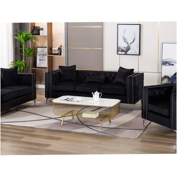 Luxury Velvet Sofa 86" Black Upholstered Couch with Chrome Legs