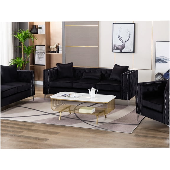 Luxury Velvet Sofa 86" Black Upholstered Couch with Chrome Legs