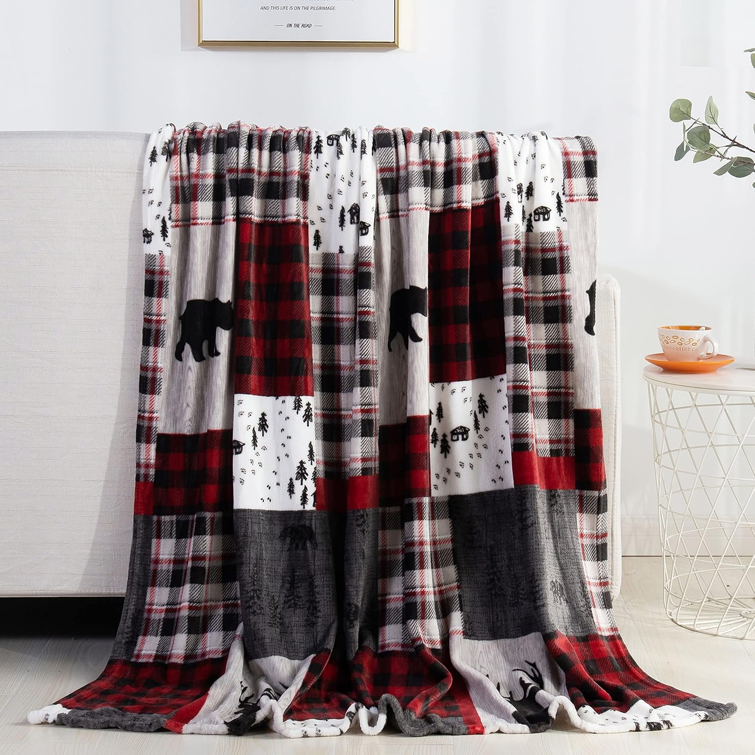 Patchwork Red and Black Fleece Sherpa Throw Blanket, 50" x 60"