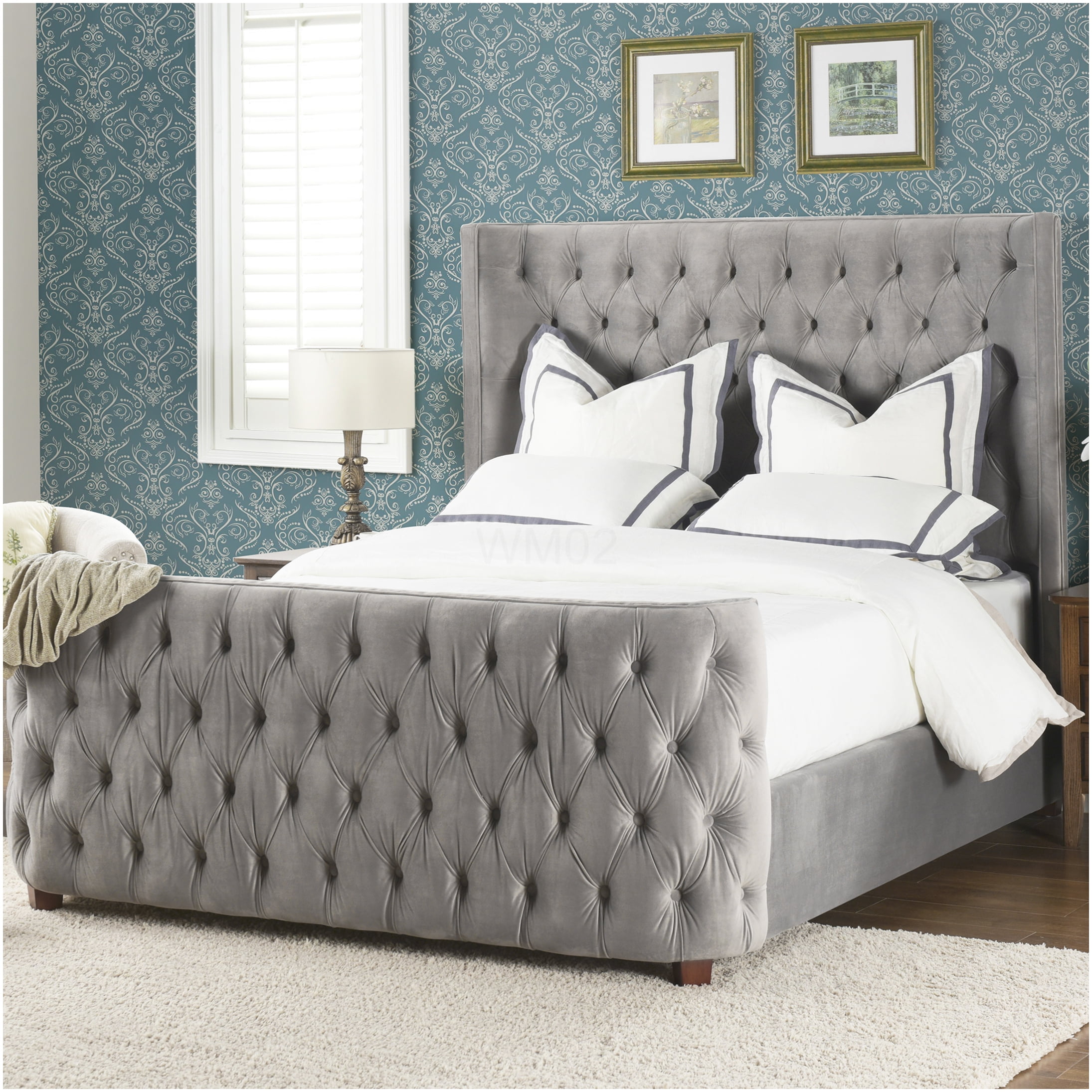 Luxury Velvet Upholstered Queen Bed Frame with Wingback Headboard for Modern Bedroom