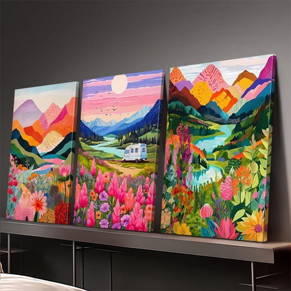 Luxury Vibrant Mountain Flower 3-Piece Canvas Decor for Living Room Wall Art