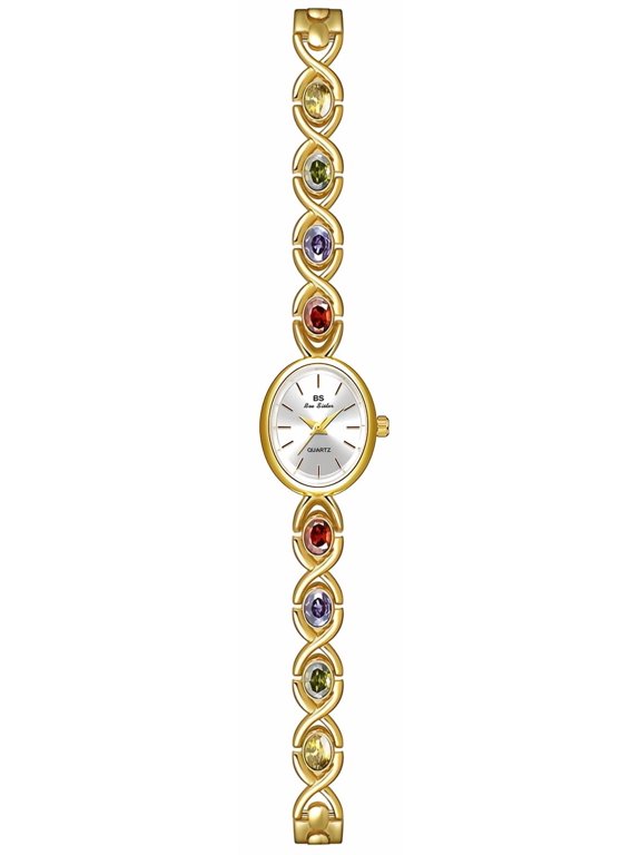 Luxury Vintage Gold Watches for Women with Jade Colorful Crystal Small Oval Dainty Silver Watch Ladies Bracelet Dress Quartz Wrist Watch Waterproof Bangle