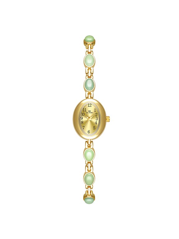 Luxury Vintage Gold Watches for Women with Jade Colorful Crystal Small Oval Dainty Silver Watch Ladies Bracelet Dress Quartz Wrist Watch Waterproof Bangle