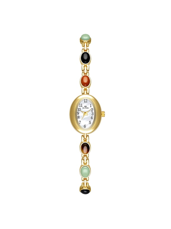 Luxury Vintage Gold Watches for Women with Jade Colorful Crystal Small Oval Dainty Silver Watch Ladies Bracelet Dress Quartz Wrist Watch Waterproof Bangle