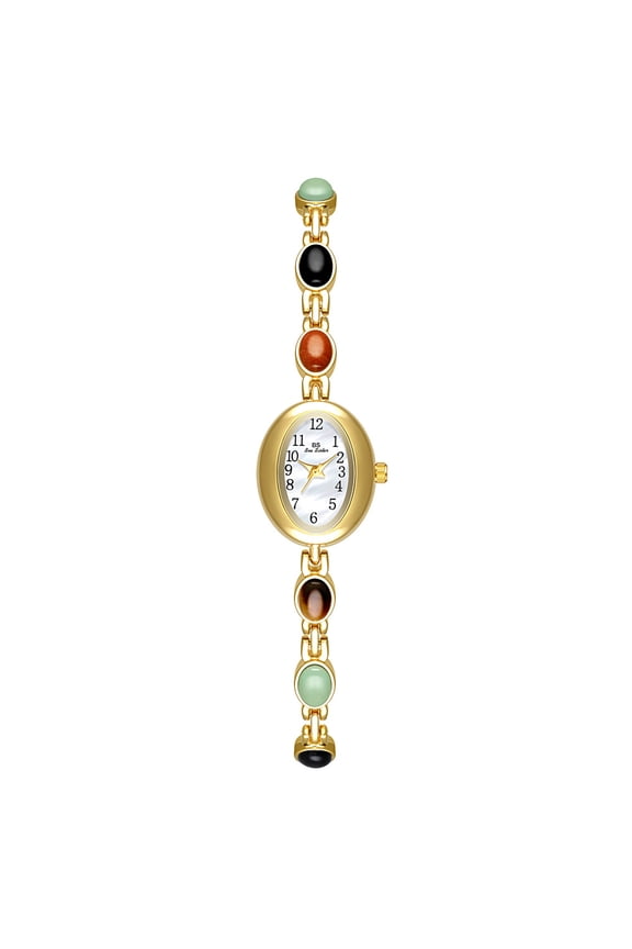 Luxury Vintage Gold Watches for Women with Jade Colorful Crystal Small Oval Dainty Silver Watch Ladies Bracelet Dress Quartz Wrist Watch Waterproof Bangle