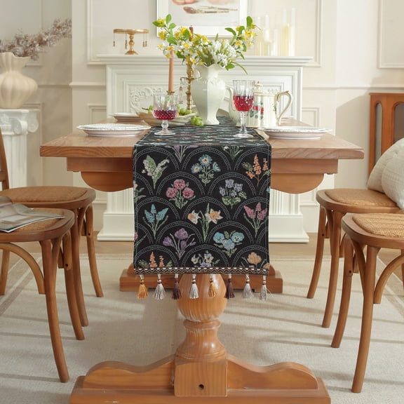 Luxury Vintage Table Runners 72 inches Long Embroidery Jacquard Fabric with Multi-Tassels Table Runners for Dining Room Dresser Party Decorations (Black, 12X72inch)