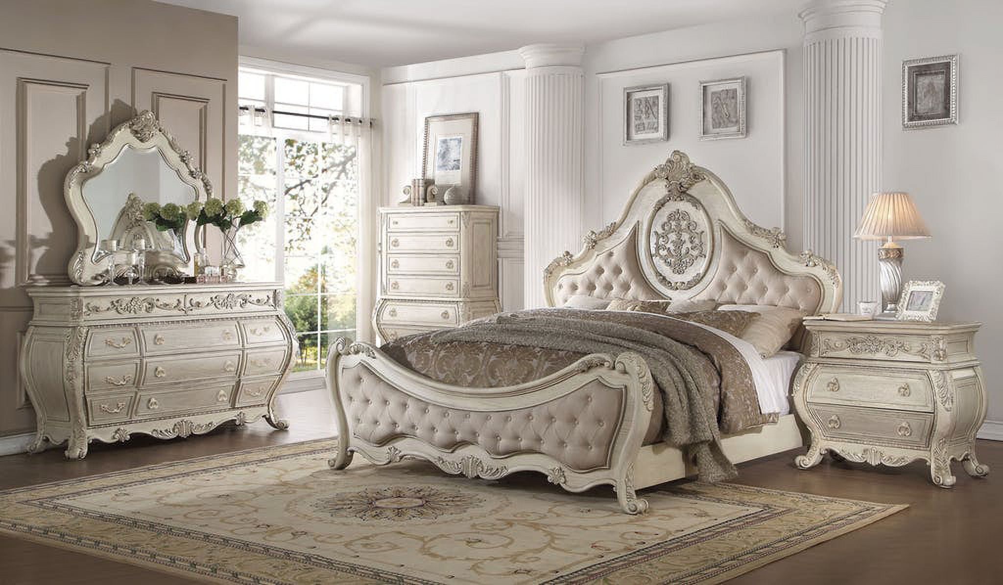 Luxury Vintage White Finish PU Tufted Queen Size 4pc Bedroom Home Furniture  Set - Walmart.com, image size:2048x1196