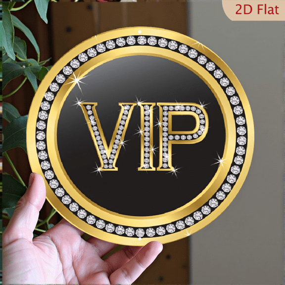 Luxury Vip Round Metal Wall Art Decor 8 x 8 Inch Sparkling Gold and Black Diamond Emblem Sign Modern Wall Hanging for Home Office or Club Membership Display