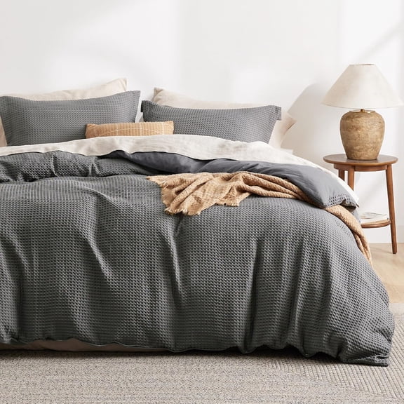 Luxury Waffle Duvet Cover Queen Size - Textured Duvet Cover Set, Soft, Breathable Bedding Set (90"x90") with 2 Pillow Shams for All Season, Dark Grey, Comforter Not Included