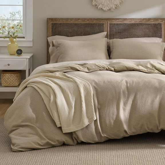 Luxury Waffle Duvet Cover Queen Size - Textured Duvet Cover Set, Soft, Breathable Bedding Set (90"x90") with 2 Pillow Shams for All Season, Khaki, Comforter Not Included