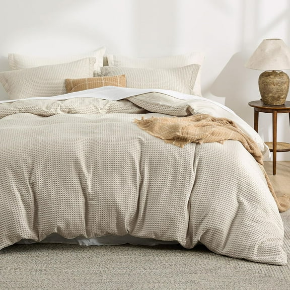Luxury Waffle Duvet Cover Queen Size - Textured Duvet Cover Set, Soft, Breathable Bedding Set (90"x90") with 2 Pillow Shams for All Season, Linen, Comforter Not Included