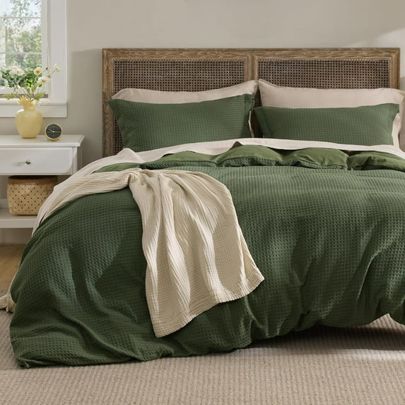 Luxury Waffle Duvet Cover Queen Size - Textured Duvet Cover Set, Soft, Breathable Bedding Set (90"x90") with 2 Pillow Shams for All Season, Olive Green, Comforter Not Included