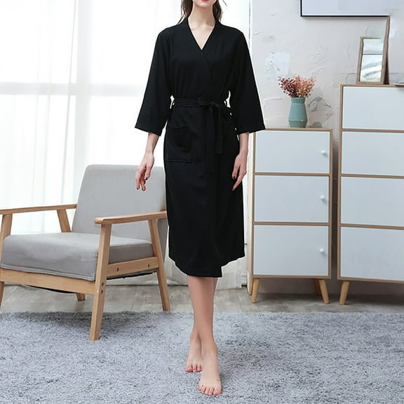 Luxury Waffle Weave Kimono Robe Ultra Soft Cotton Blend Bathrobe with Belt and Pockets, Unisex, Black