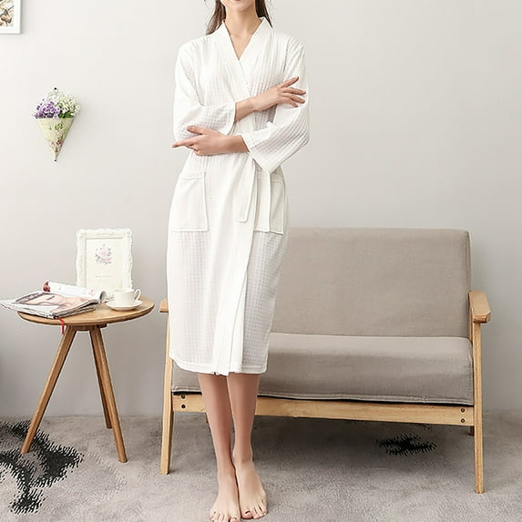 Luxury Waffle Weave Kimono Robe Ultra Soft Cotton Blend Bathrobe with Belt and Pockets, Unisex, Black