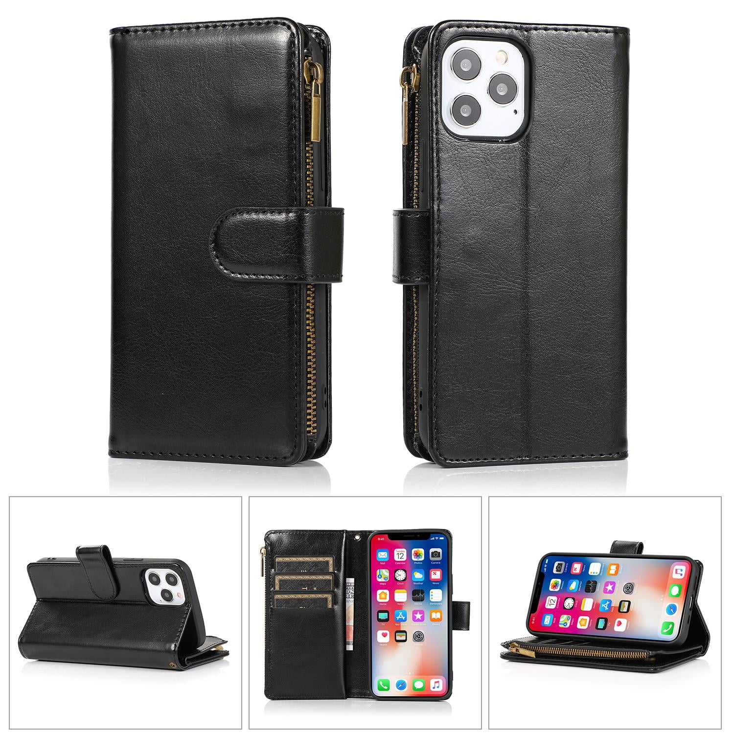 Luxury Wallet Card ID Zipper Money Holder Case Cover with detachable lanyard FOR iPhone 14 Pro Max