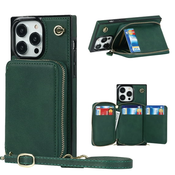 Luxury Wallet Case Compatible with iPhone 14 Pro 6.1 inch,Zipper Closure Luxary PU Leather with Phone rope Card Slot Card Holder Stand Shockproof Kickstand Case for iPhone 14 Pro 6.1 inch, Darkgreen