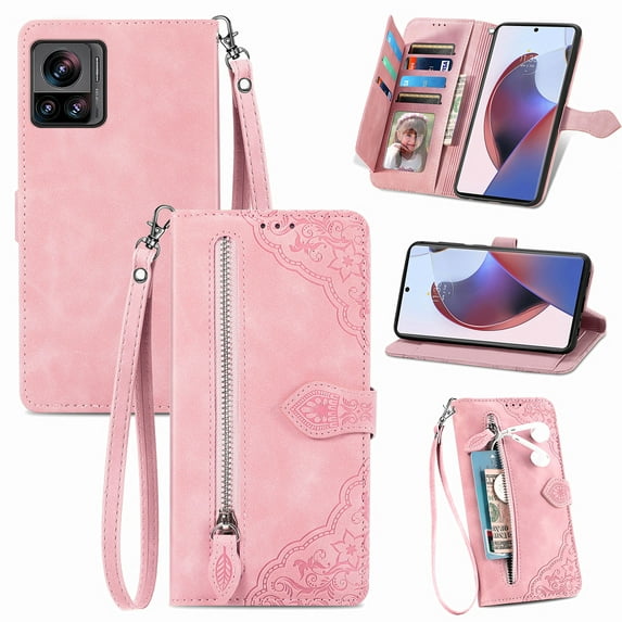 Luxury Wallet Case for Motorola Edge 30 Ultra, Embossed Pattern Design Zipper Pocket Handbag Wrist Strap Premium PU Leather Flip Cover with Card Slots Holder Magnetic Clasp Kickstand Case,Pink