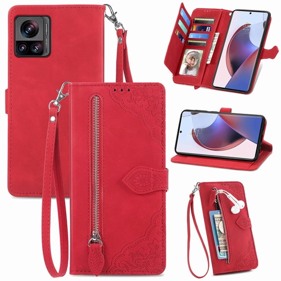 Luxury Wallet Case for Motorola Edge 30 Ultra, Embossed Pattern Design Zipper Pocket Handbag Wrist Strap Premium PU Leather Flip Cover with Card Slots Holder Magnetic Clasp Kickstand Case,Red
