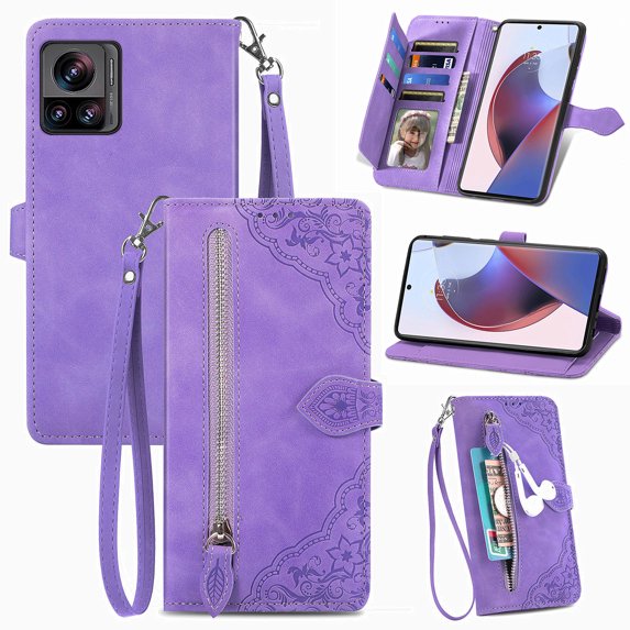 Luxury Wallet Case for Motorola Edge 30 Ultra, Embossed Pattern Design Zipper Pocket Handbag Wrist Strap Premium PU Leather Flip Cover with Card Slots Holder Magnetic Clasp Kickstand Case,Purple