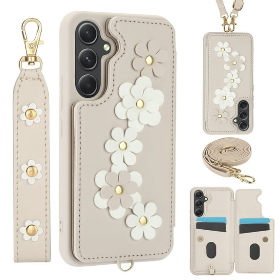 Luxury Wallet Case for Samsung Galaxy A35 & Wrist Strap & Shoulder Strap, Women Flower Pattern PU Leather Card Holder Kickstand Leather Cell Phone Cover for Samsung Galaxy A35,White