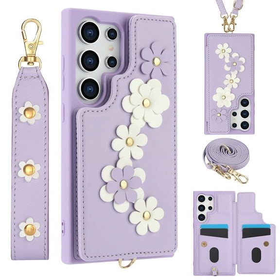 Luxury Wallet Case for Samsung Galaxy A53 5G & Wrist Strap & Shoulder Strap, Women Flower Pattern PU Leather Card Holder Kickstand Leather Cell Phone Cover for Samsung Galaxy A53 5G,Purple