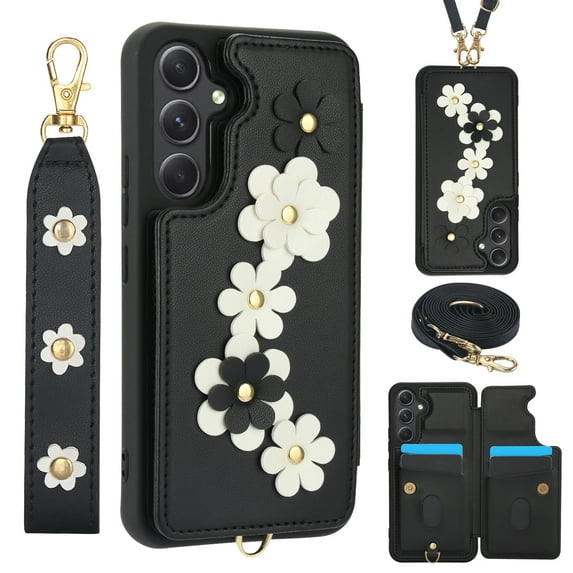 Luxury Wallet Case for Samsung Galaxy S22 Plus & Wrist Strap & Shoulder Strap, Women Flower Pattern PU Leather Card Holder Kickstand Leather Cell Phone Cover for Samsung Galaxy S22 Plus,Black