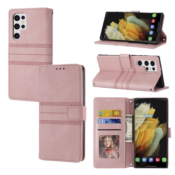 Luxury Wallet Case for Samsung Galaxy S23 Ultra, PU Leather Detachable Shoulder Strap Lanyard Crossbody Wrist Strap Handbag Flip Cover with Card Slots Magnetic Kickstand Shockproof Case,Pink