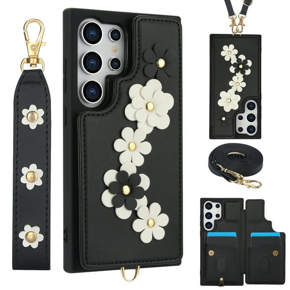 Luxury Wallet Case for Samsung Galaxy S25 Ultra & Wrist Strap & Shoulder Strap, Women Flower Pattern PU Leather Card Holder Kickstand Leather Cell Phone Cover for Samsung Galaxy S25 Ultra,Black