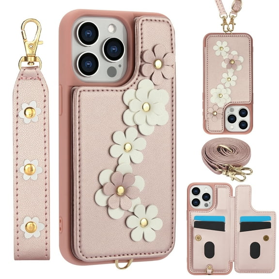 Luxury Wallet Case for iPhone 11 & Wrist Strap & Shoulder Strap, Women Flower Pattern PU Leather Card Holder Kickstand Leather Cell Phone Cover for iPhone 11,Rosegold