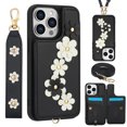 thumbnail image 1 of Luxury Wallet Case for iPhone 13 Pro & Wrist Strap & Shoulder Strap, Women Flower Pattern PU Leather Card Holder Kickstand Leather Cell Phone Cover for iPhone 13 Pro,Black, 1 of 9