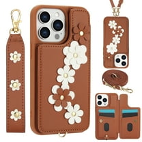 Luxury Wallet Case for iPhone 15 Pro Max & Wrist Strap & Shoulder Strap, Women Flower Pattern PU Leather Card Holder Kickstand Leather Cell Phone Cover for iPhone 15 Pro Max,Brown