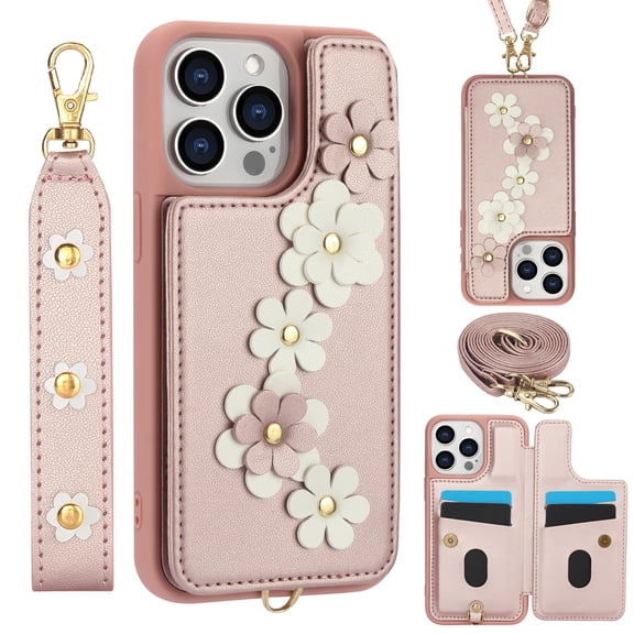 Luxury Wallet Case for iPhone 15 Pro Max & Wrist Strap & Shoulder Strap, Women Flower Pattern PU Leather Card Holder Kickstand Leather Cell Phone Cover for iPhone 15 Pro Max,Rosegold