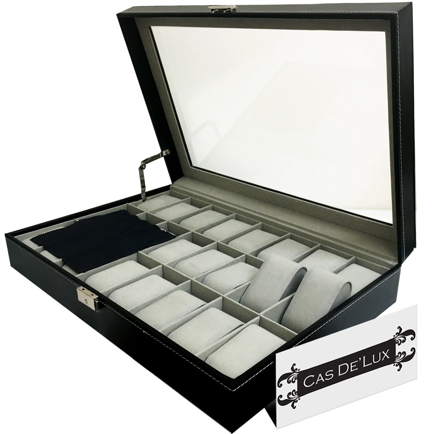 BEAUTY BON Luxury Watch Box 24 Velvet Pillow Slots, Premium Display Case With Framed Glass Lid, Elegant Contrast Stitching, Sturdy & Secure Lock - By Cas De` Lux