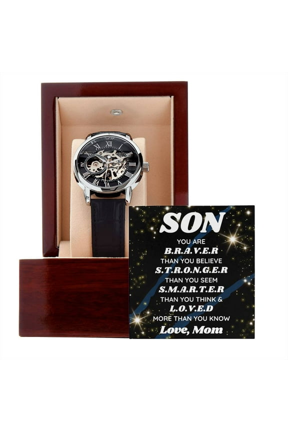 Luxury Watch Gift for Son, Son Birthday Gift from Mom, Mother to Son Gift - You are braver than you believe, Best Son Gift - Men's Openwork Watch - Mahogany Gift Box