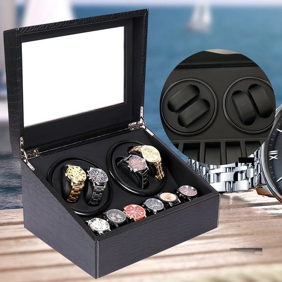 Luxury Watch Winder, 9.52lbs, Black Finish, 4 Rotating + 6 Static Slots, Quiet Operation, Independent Switches, Clear Window, Crocodile Texture, Perfect for Bedroom or Dresser Display