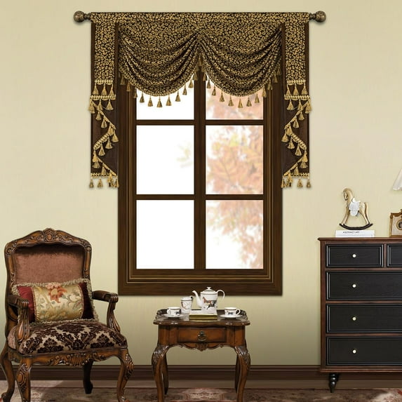 Luxury Waterfall Valances for Windows, Boho Jacquard Thick Swag Waterfall Curtains Valance with Tassels for Living Room, Bedroom Party Banquet Decor (Coffee Leopard, W59 Inch, 1 Panel)