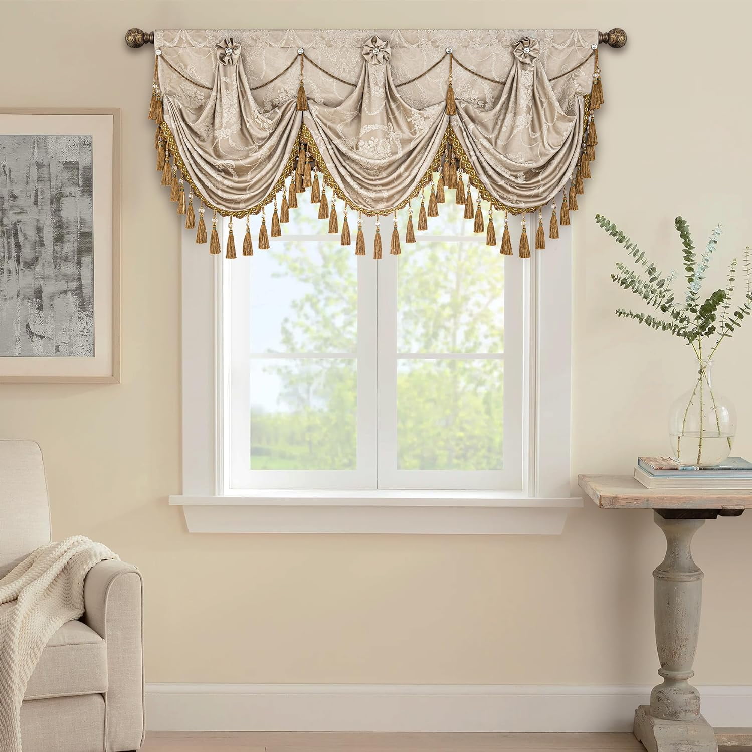 Luxury Waterfall Valances for Windows, Elegant Jacquard Thick Swag